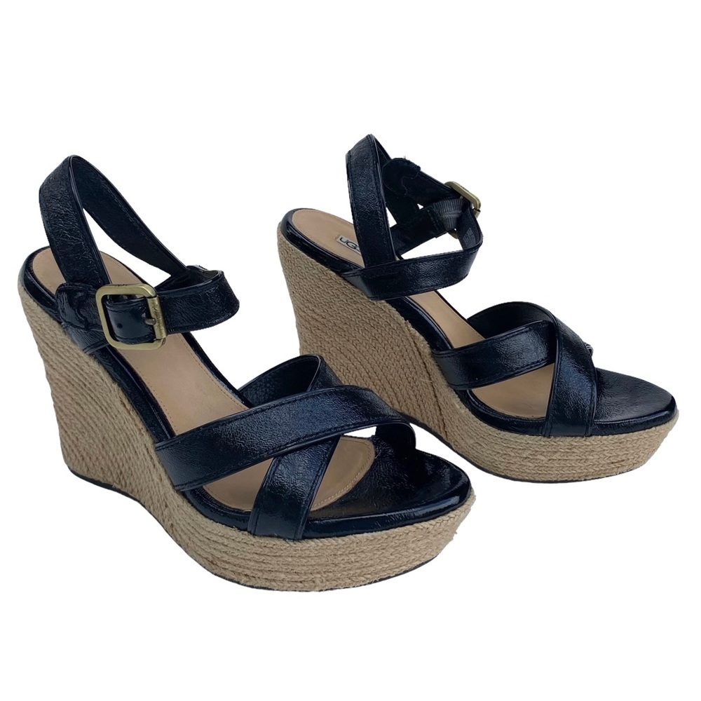UGG Women’s Jacqueline Espadrille Black Patent Wedge Sandals, Ankle Strap Size 8 - Picture 2 of 15